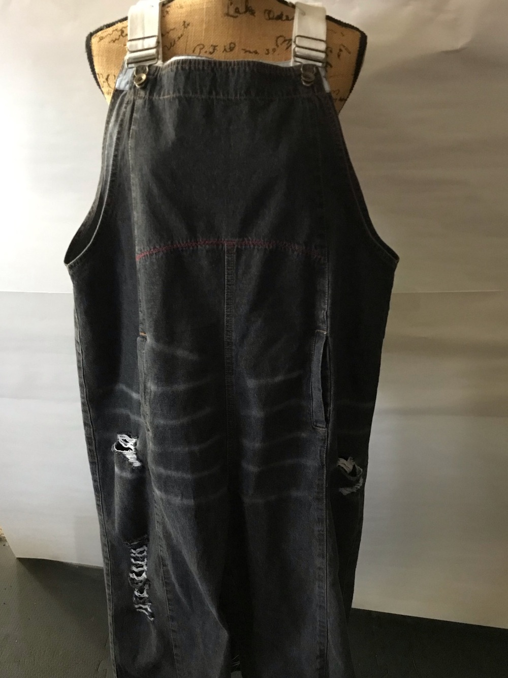 Dark Wash Denim Overalls with Distressed Detailing 2 front pockets. XLG